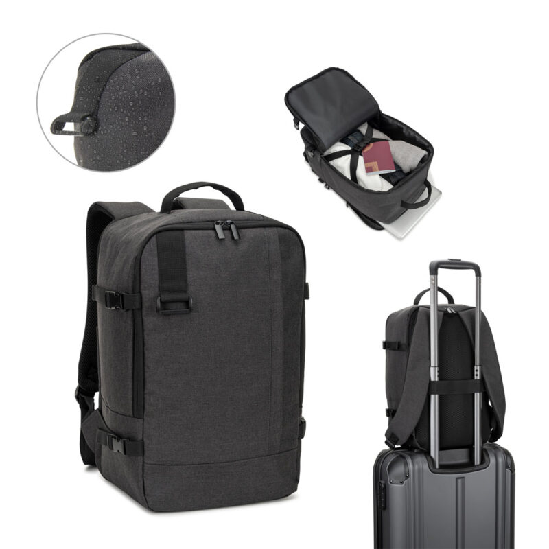 Mochila desenvolvida para cumprir as dimensões exigidas pelas companhias aéreas em poliéster reciclado 600D de alta densidade com acabamento repelente à água 20 L