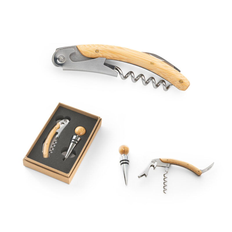 Conjunto de vinho com dois componentes em metal e bambu