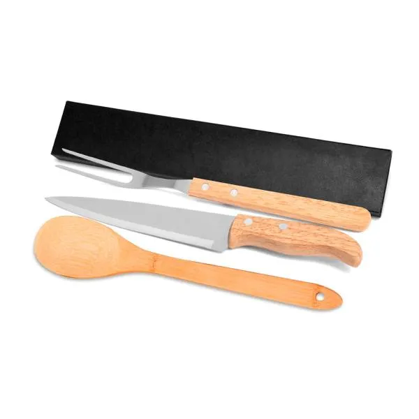 CONJ. GARFO, FACA 7" EM MADEIRA E COLHER EM BAMBU - 3 PÇS