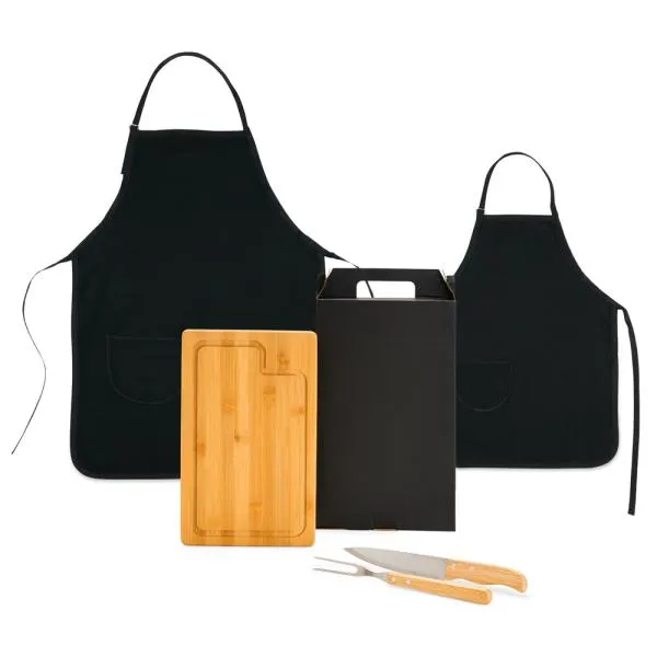 CONJ. PARA CHURRASCO COM AVENTAL E AVENTAL MINI - 5 PÇS