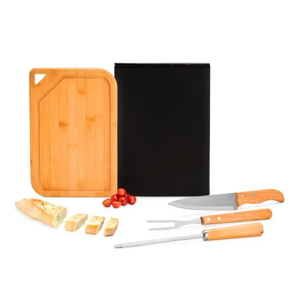 CONJ. PARA CHURRASCO EM BAMBU / INOX / MADEIRA - 4 PÇS
