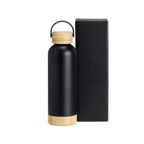 GARRAFA PAREDE DUPLA COM DETALHES EM BAMBU - PRETA - 500 ML