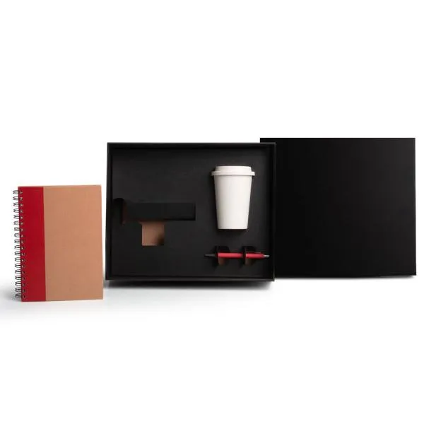 KIT COPO EM FIBRA DE BAMBU, CADERNO E CANETA - VERMELHO - 3 PÇS