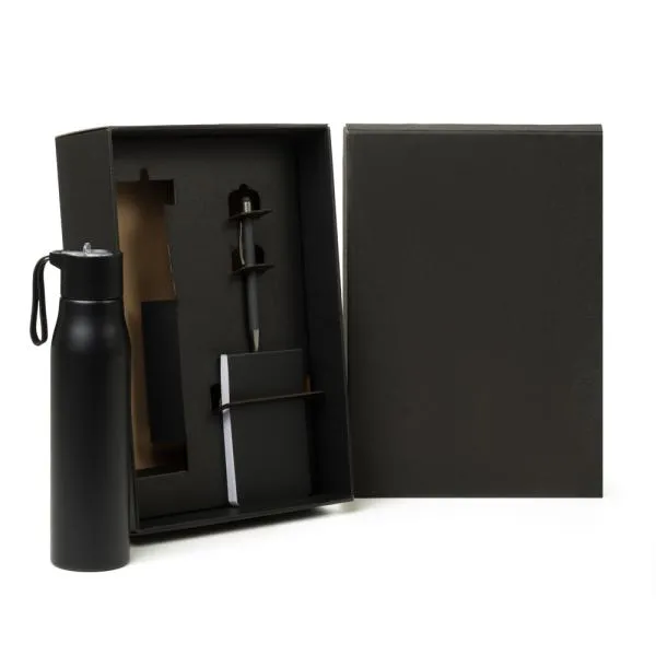 KIT GARRAFA, BLOCO PARA ANOTAÇÕES E CANETA - 3 PÇS