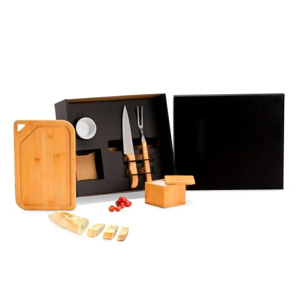 KIT PARA CHURRASCO EM BAMBU / MADEIRA / INOX - 5 PÇS