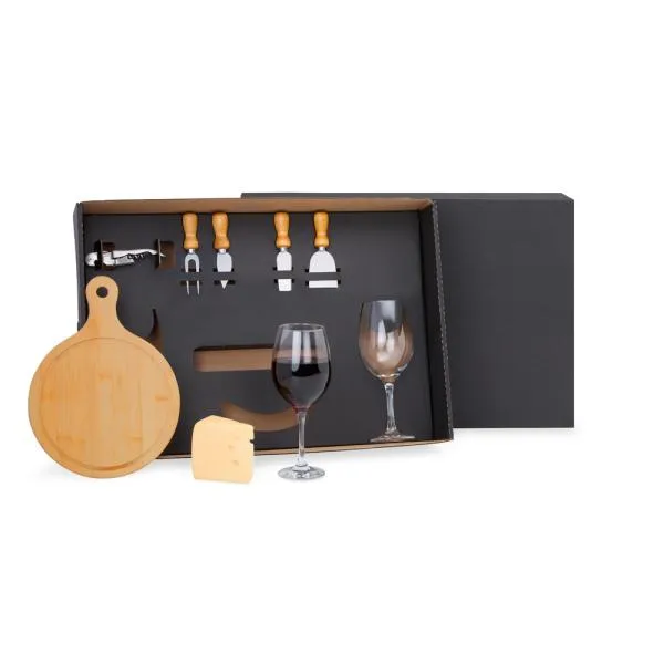 KIT QUEIJO E VINHO COM TÁBUA REDONDA - 8 PÇS