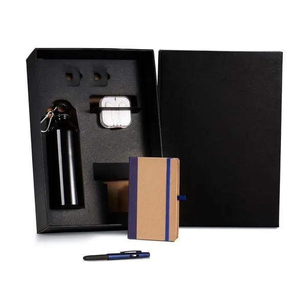 KIT SQUEEZE, FONE, CADERNO E CANETA - AZUL - 4 PÇS