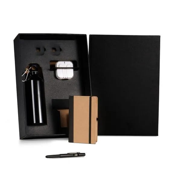 KIT SQUEEZE, FONE, CADERNO E CANETA - PRETO - 4 PÇS