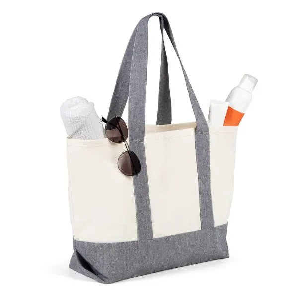 SACOLA EM ALGODÃO RECICLADO - BEGE NATURAL/MELANGE CINZA - 47,5X31CM