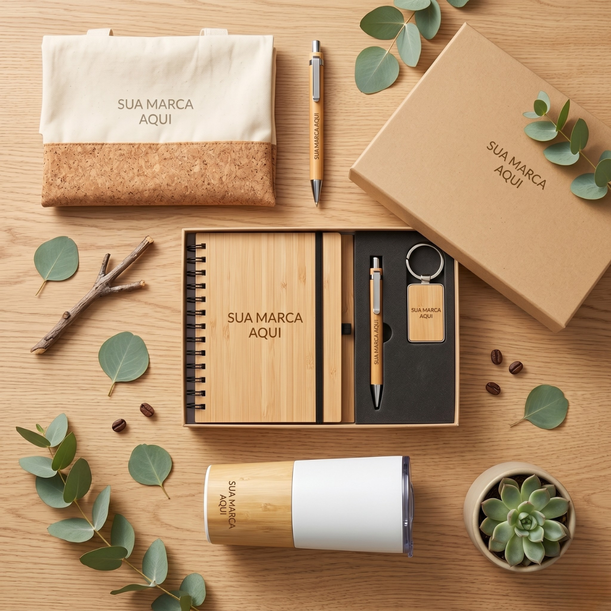 Kit ecológico ESG com sacola de algodão fundo cortiça, kit executivo de bambu, caneta de bambu e copo térmico de bambu