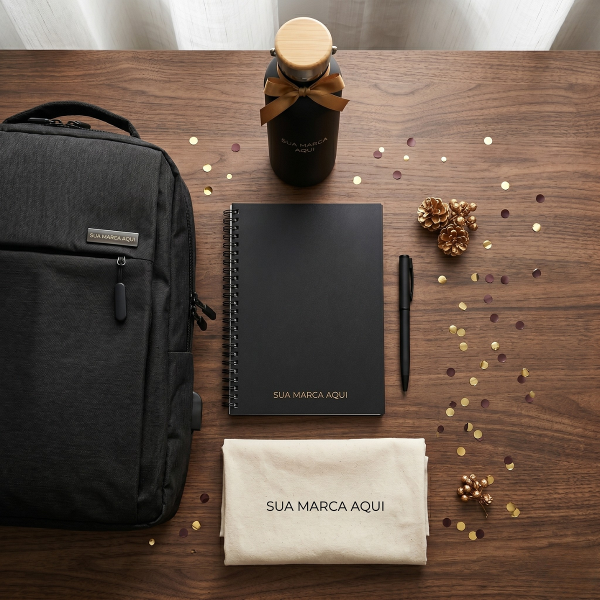 Kit onboarding com sacola de algodão, garrafa térmica, caderno A5 e mochila de nylon USB