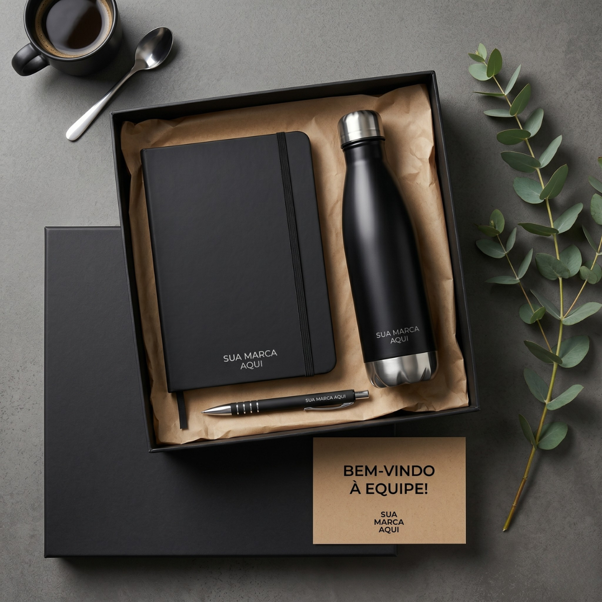 Kit boas-vindas personalizado com garrafa térmica, caderneta de couro sintético e caneta metal